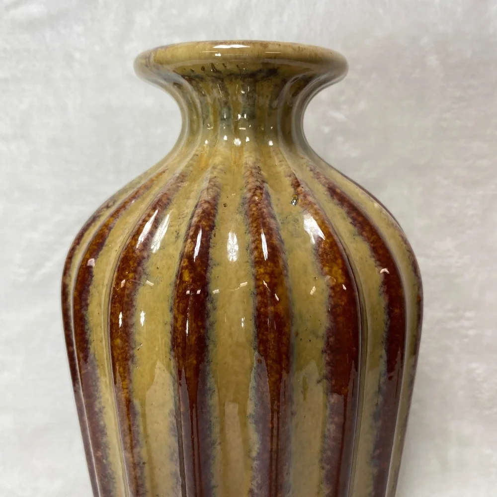 Vintage Fluted Ceramic Vase Earth Tones Striped Glaze Decorative Home Decor‎